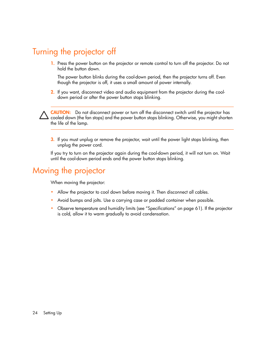 Turning the projector off, Moving the projector | HP xp7010/xp7030 User Manual | Page 24 / 72