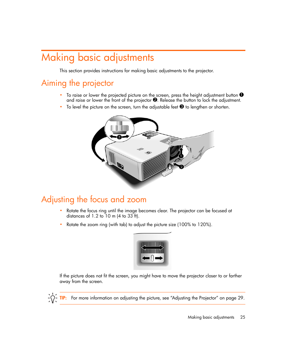 Making basic adjustments, Aiming the projector, Adjusting the focus and zoom | HP xp7010/xp7030 User Manual | Page 25 / 72