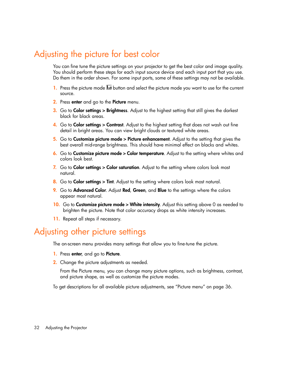 Adjusting the picture for best color, Adjusting other picture settings | HP xp7010/xp7030 User Manual | Page 32 / 72