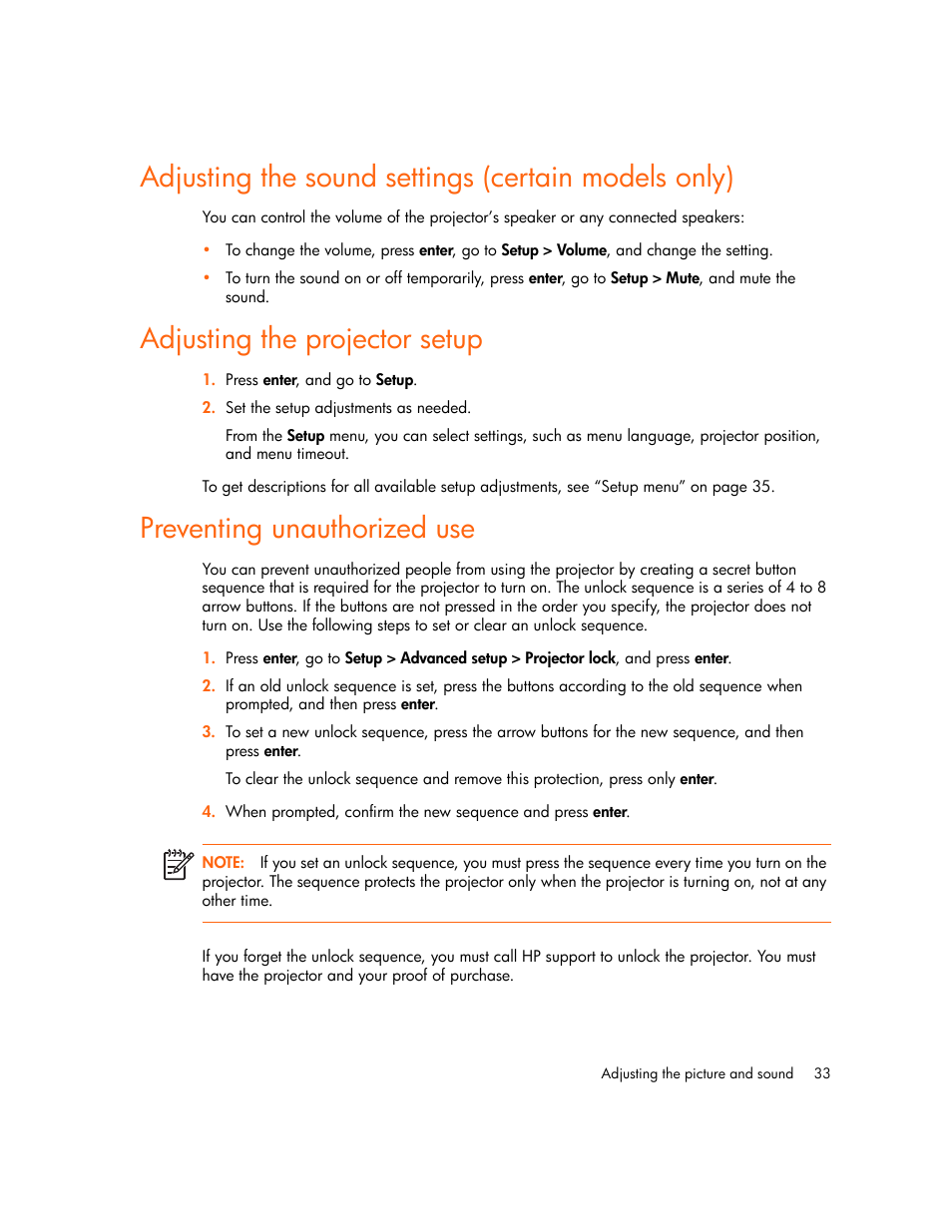 Adjusting the sound settings (certain models only), Adjusting the projector setup, Preventing unauthorized use | HP xp7010/xp7030 User Manual | Page 33 / 72