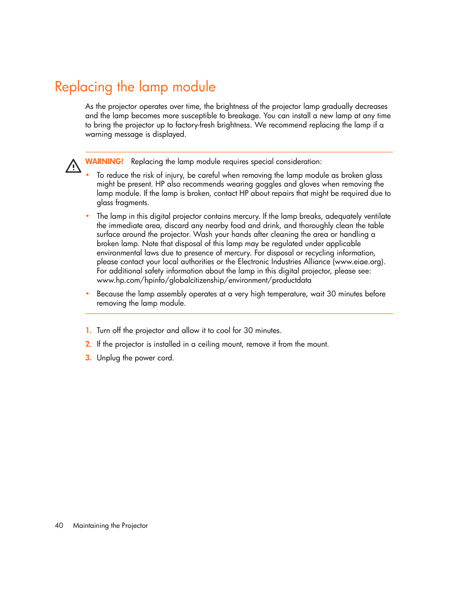 Replacing the lamp module | HP xp7010/xp7030 User Manual | Page 40 / 72