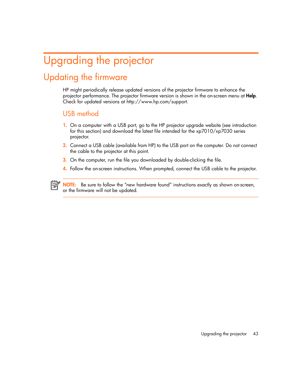 Upgrading the projector, Updating the firmware, Usb method | HP xp7010/xp7030 User Manual | Page 43 / 72