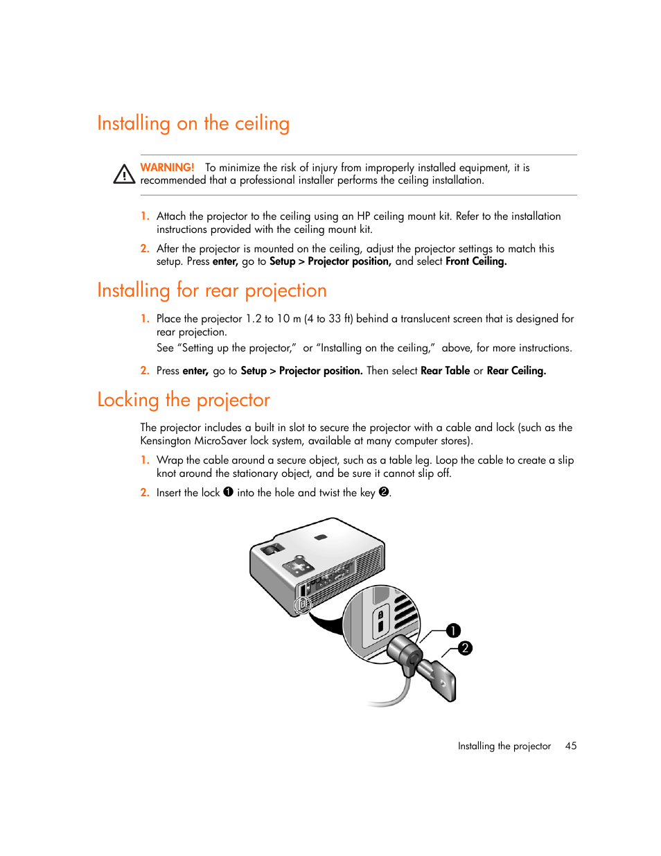 Installing on the ceiling, Installing for rear projection, Locking the projector | HP xp7010/xp7030 User Manual | Page 45 / 72