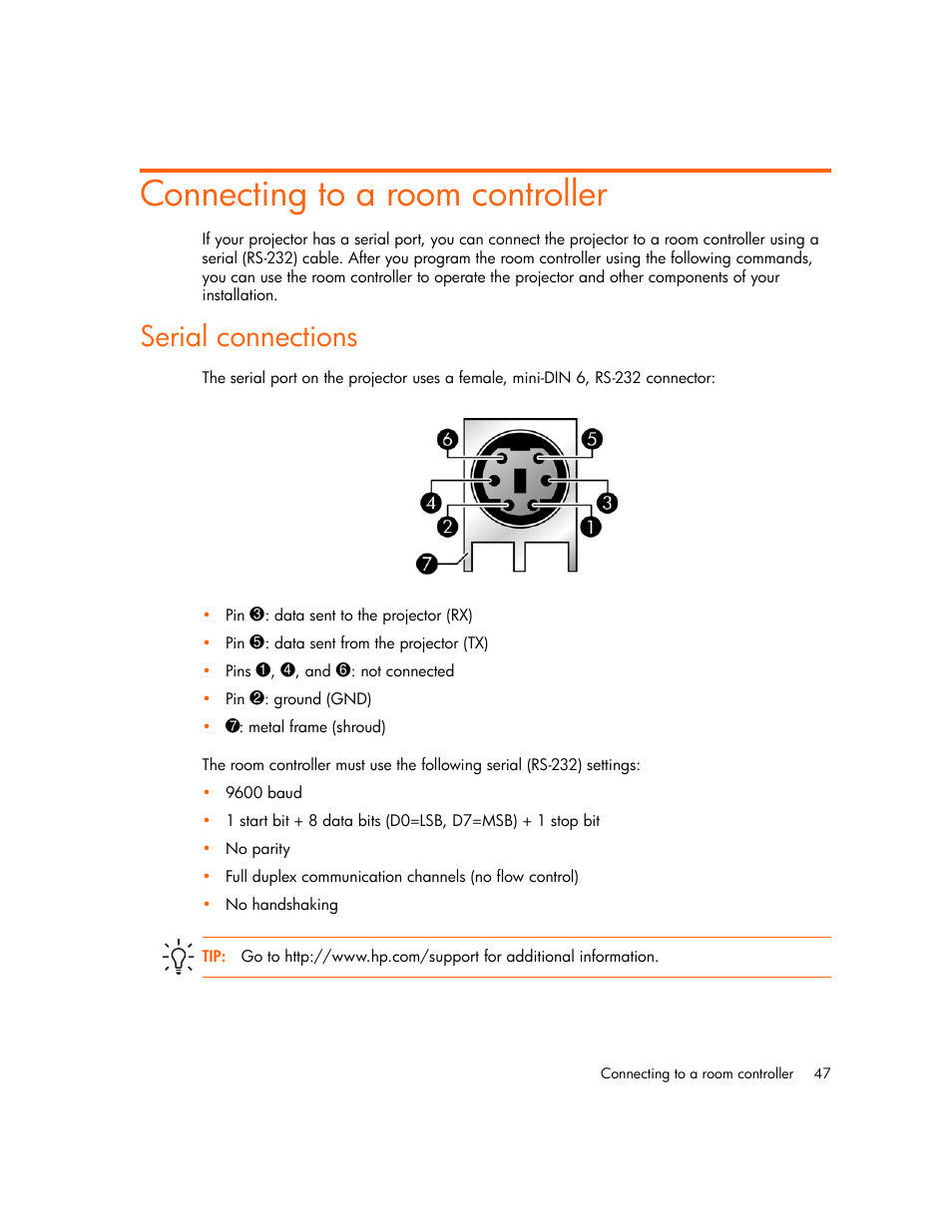 Connecting to a room controller, Serial connections | HP xp7010/xp7030 User Manual | Page 47 / 72