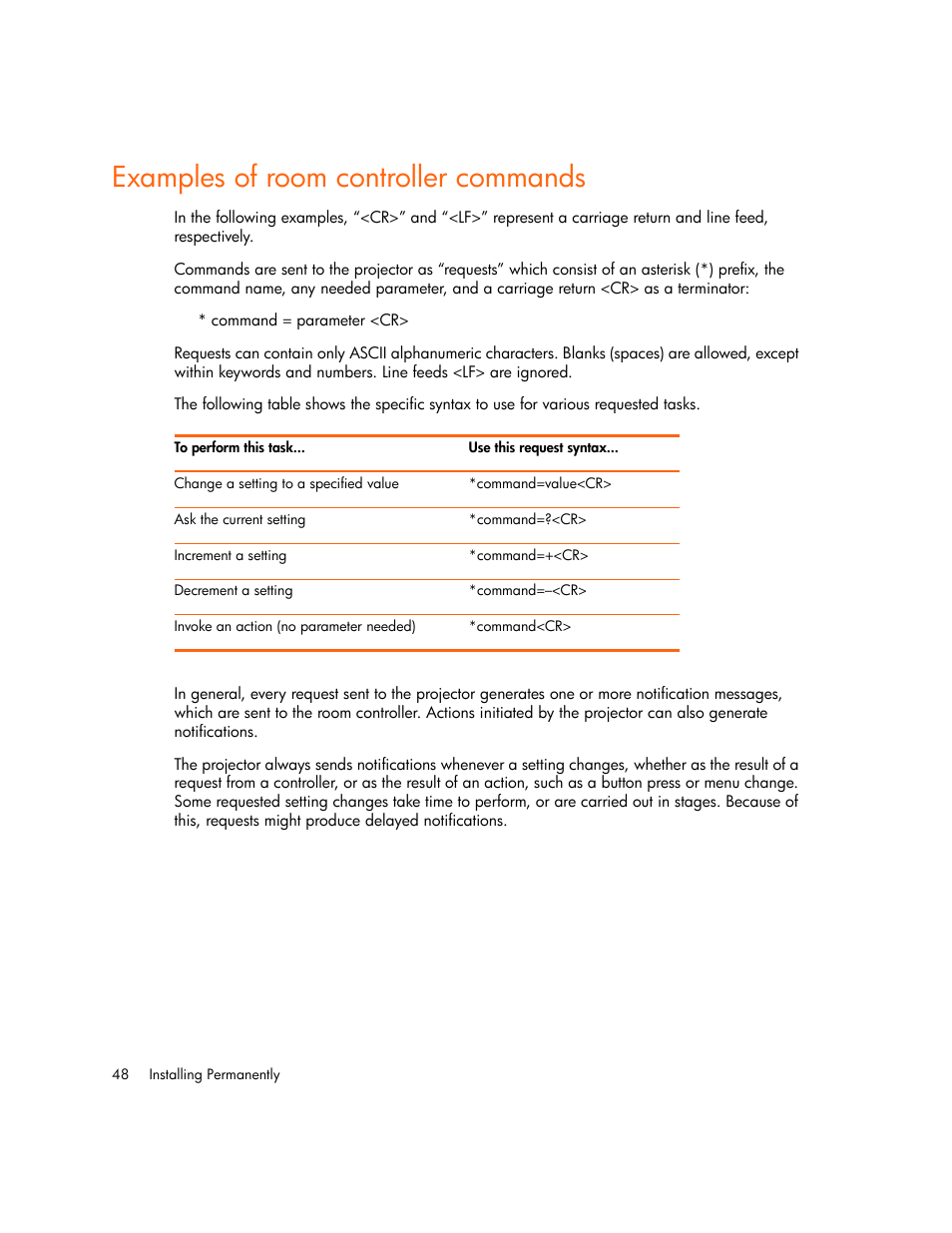 Examples of room controller commands | HP xp7010/xp7030 User Manual | Page 48 / 72