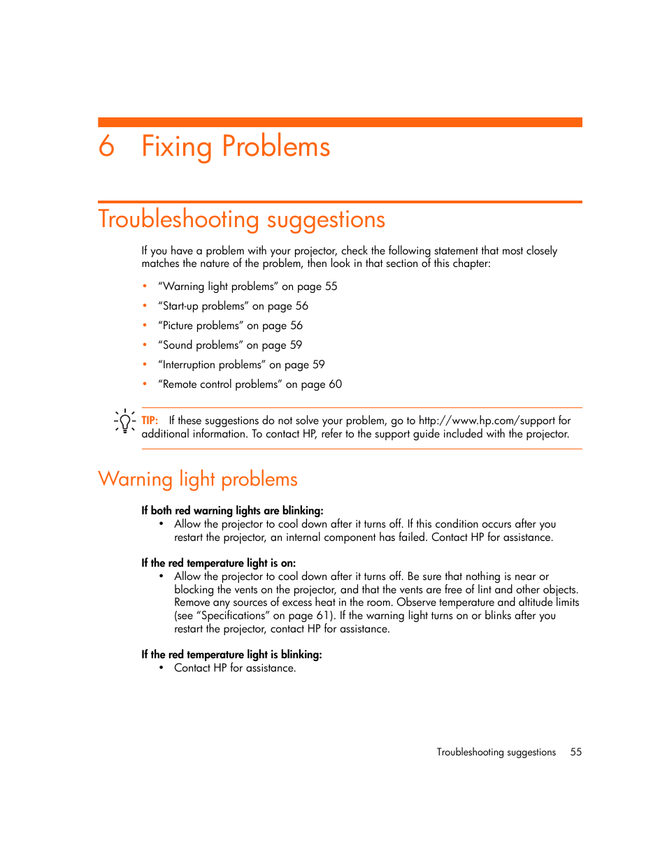 Fixing problems, Troubleshooting suggestions, Warning light problems | If both red warning lights are blinking, If the red temperature light is on, If the red temperature light is blinking, 6 fixing problems | HP xp7010/xp7030 User Manual | Page 55 / 72