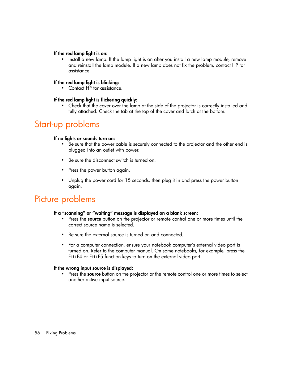 If the red lamp light is on, If the red lamp light is blinking, If the red lamp light is flickering quickly | Start-up problems, If no lights or sounds turn on, Picture problems, If the wrong input source is displayed | HP xp7010/xp7030 User Manual | Page 56 / 72