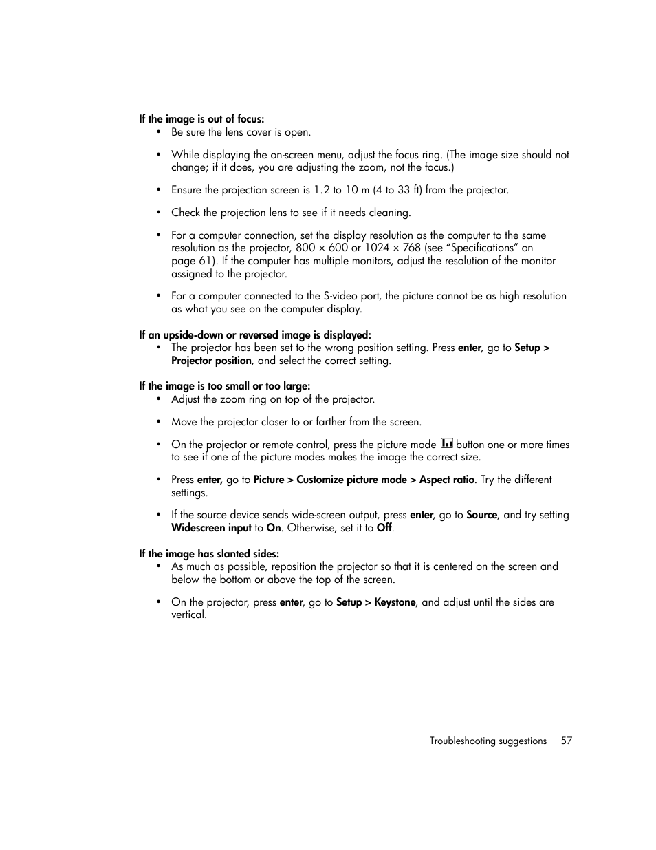 If the image is out of focus, If an upside-down or reversed image is displayed, If the image is too small or too large | If the image has slanted sides | HP xp7010/xp7030 User Manual | Page 57 / 72