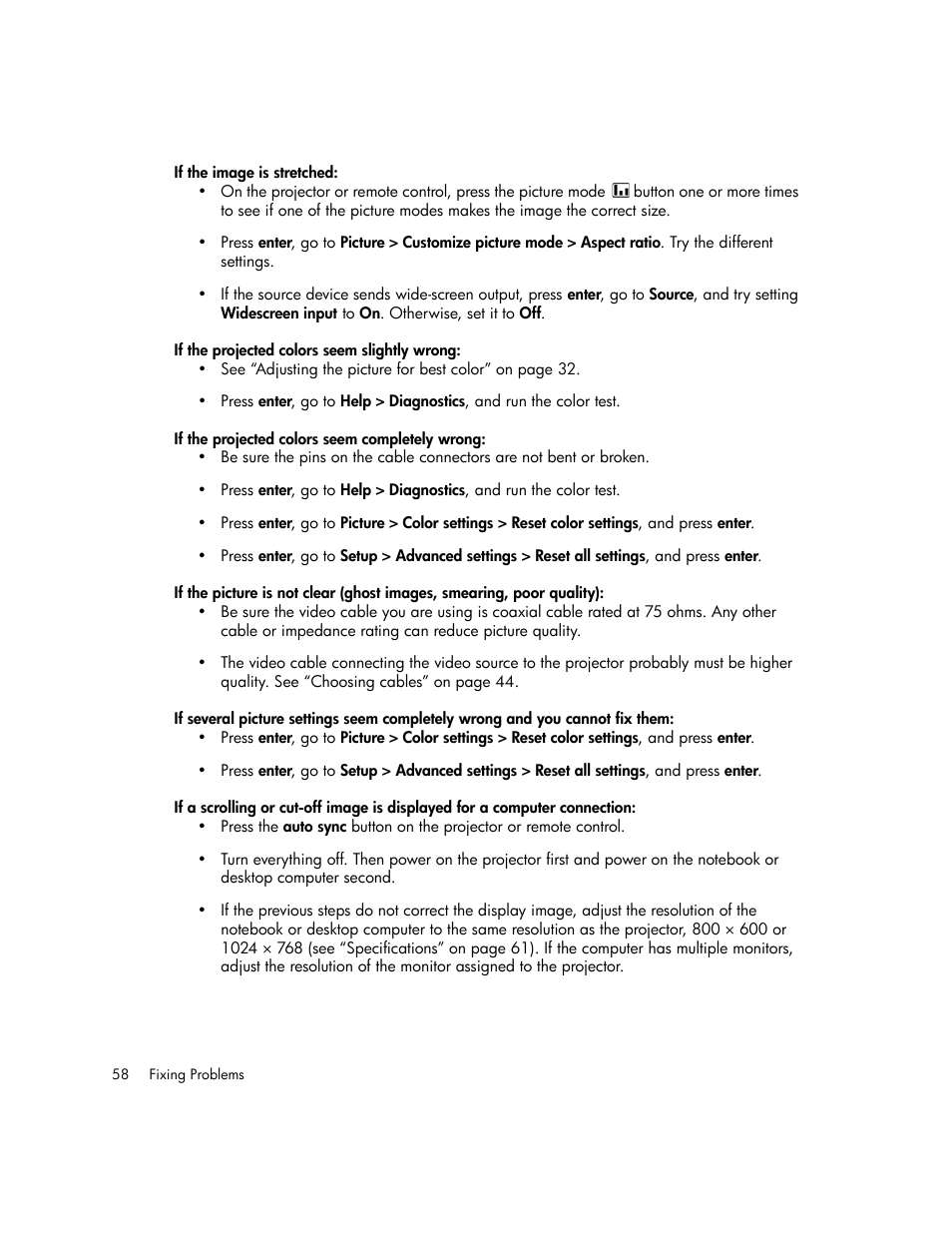 If the image is stretched, If the projected colors seem slightly wrong, If the projected colors seem completely wrong | HP xp7010/xp7030 User Manual | Page 58 / 72