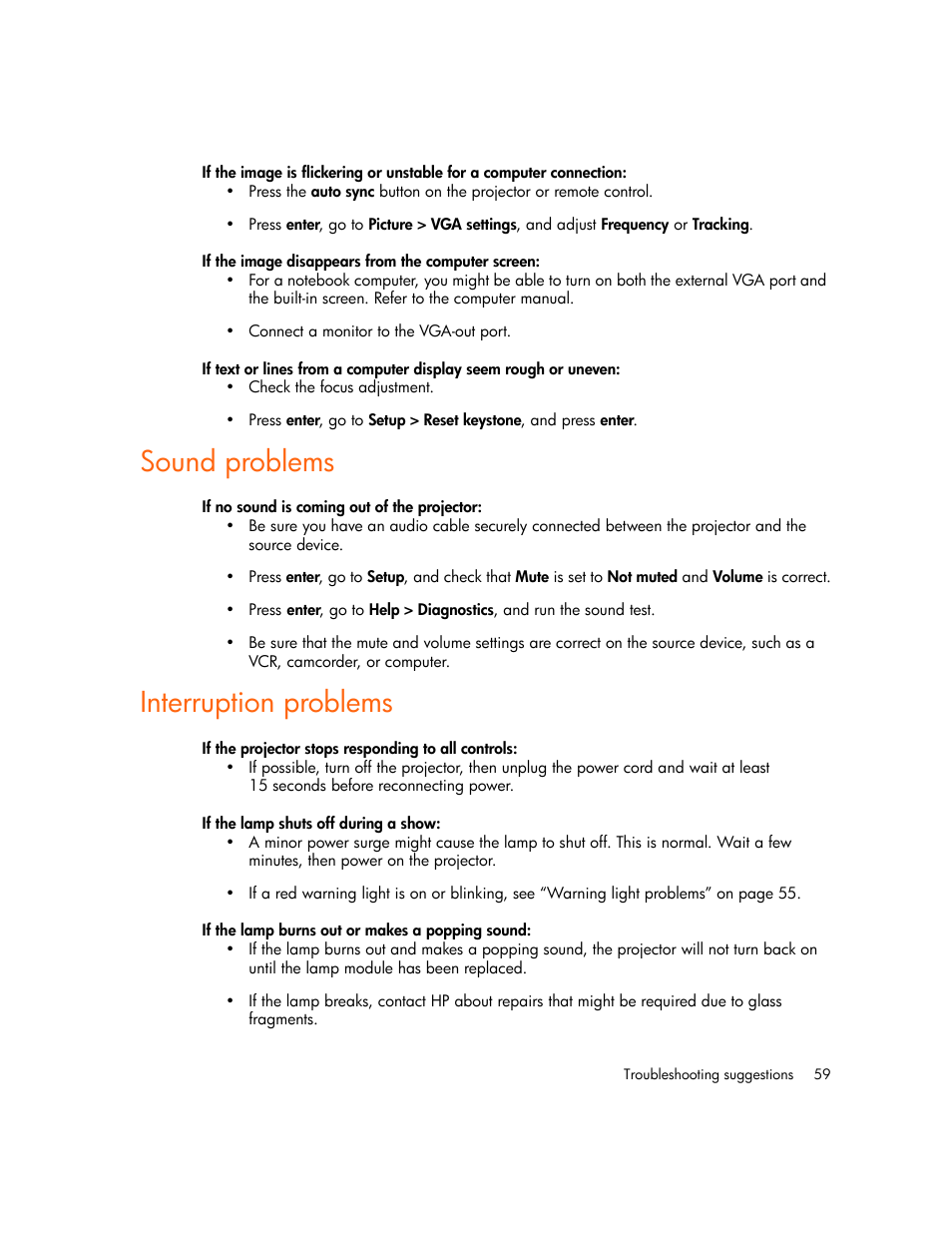 If the image disappears from the computer screen, Sound problems, If no sound is coming out of the projector | Interruption problems, If the projector stops responding to all controls, If the lamp shuts off during a show, If the lamp burns out or makes a popping sound | HP xp7010/xp7030 User Manual | Page 59 / 72