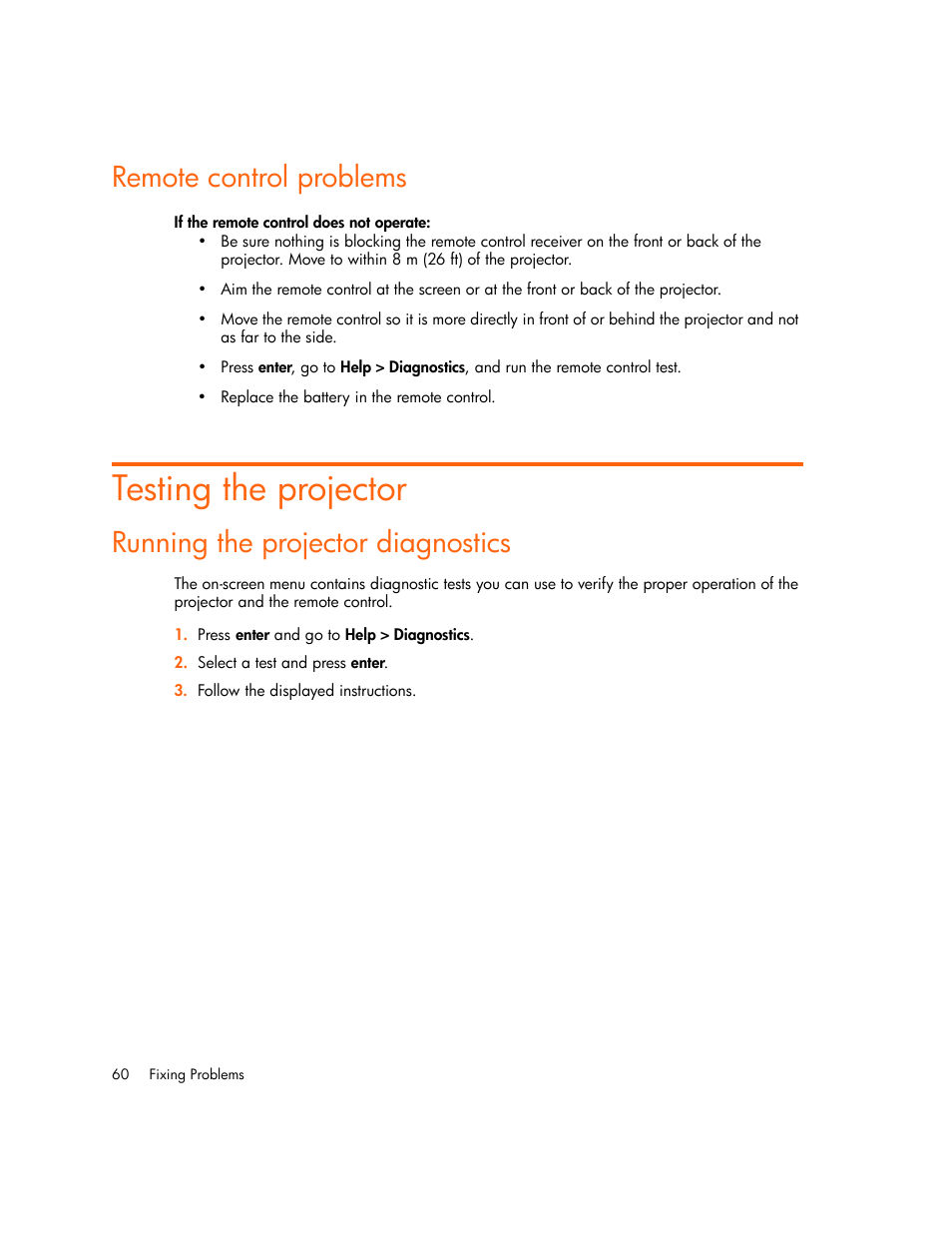 Remote control problems, If the remote control does not operate, Testing the projector | Running the projector diagnostics | HP xp7010/xp7030 User Manual | Page 60 / 72