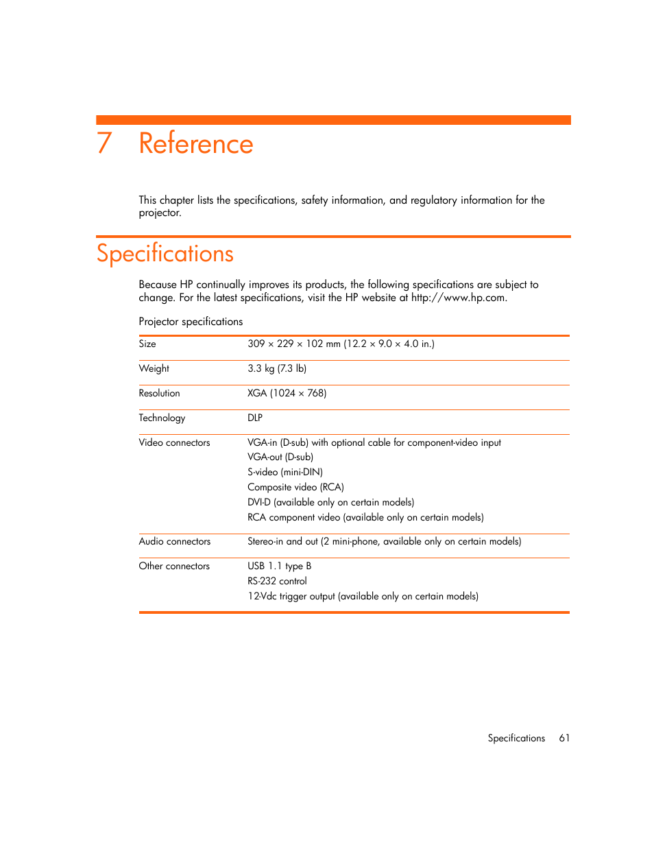 Reference, Specifications, 7 reference | HP xp7010/xp7030 User Manual | Page 61 / 72