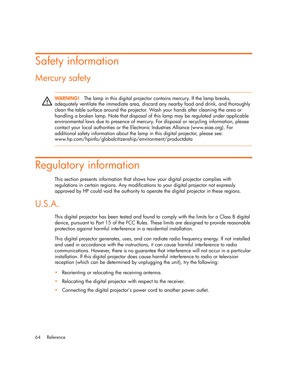 Safety information, Mercury safety, Regulatory information | U.s.a | HP xp7010/xp7030 User Manual | Page 64 / 72