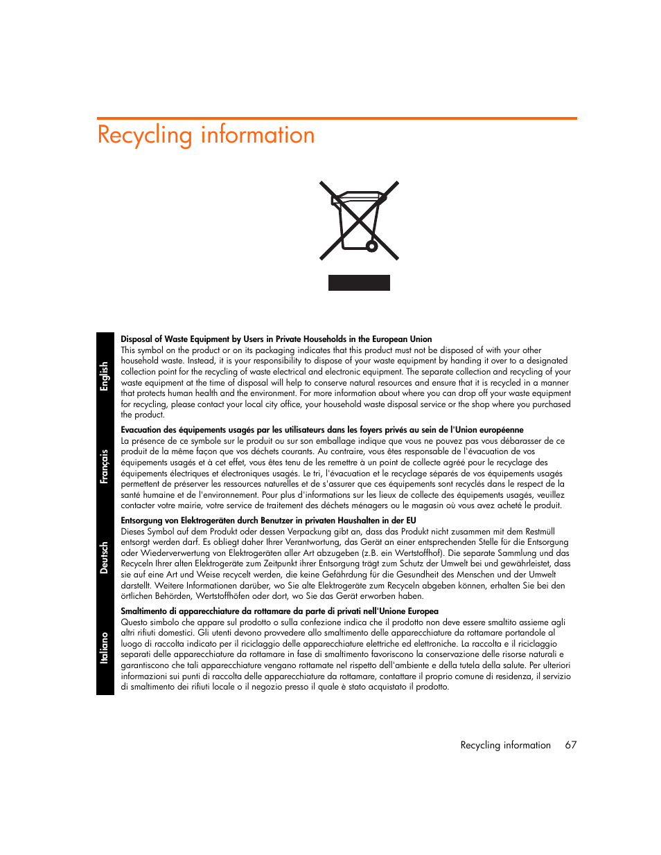 Recycling information | HP xp7010/xp7030 User Manual | Page 67 / 72