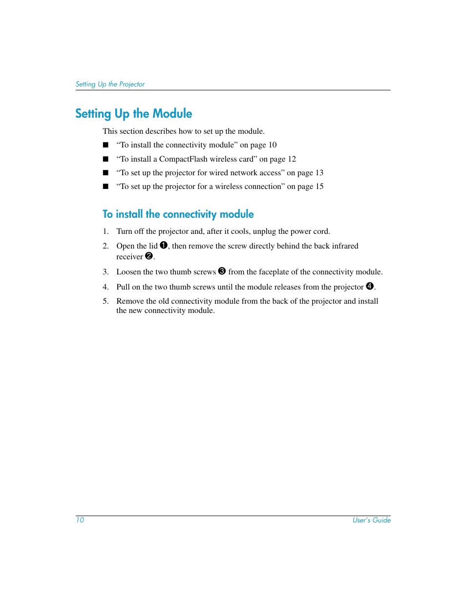 Setting up the module, To install the connectivity module | HP L1581A User Manual | Page 10 / 72