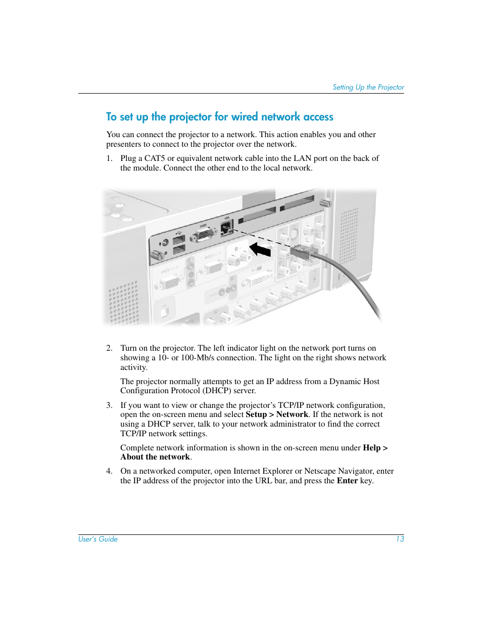 To set up the projector for wired network access | HP L1581A User Manual | Page 13 / 72
