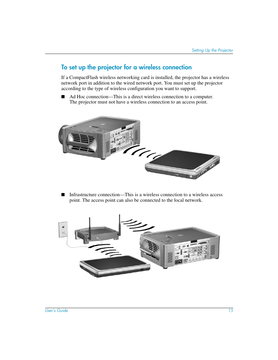 To set up the projector for a wireless connection | HP L1581A User Manual | Page 15 / 72