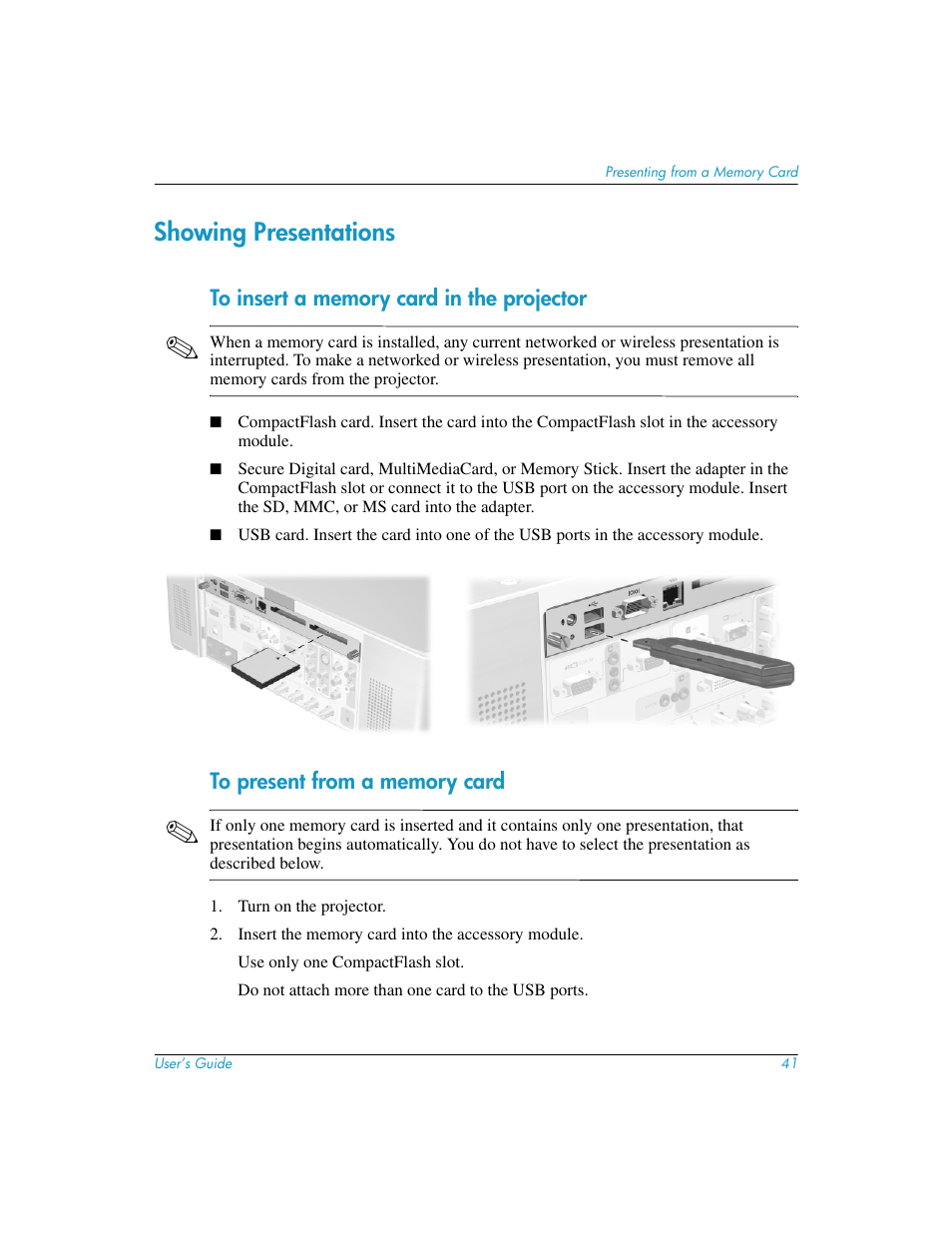 Showing presentations, To insert a memory card in the projector, To present from a memory card | HP L1581A User Manual | Page 41 / 72