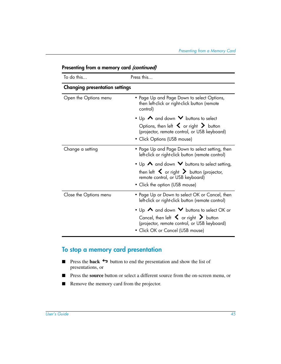 To stop a memory card presentation | HP L1581A User Manual | Page 45 / 72