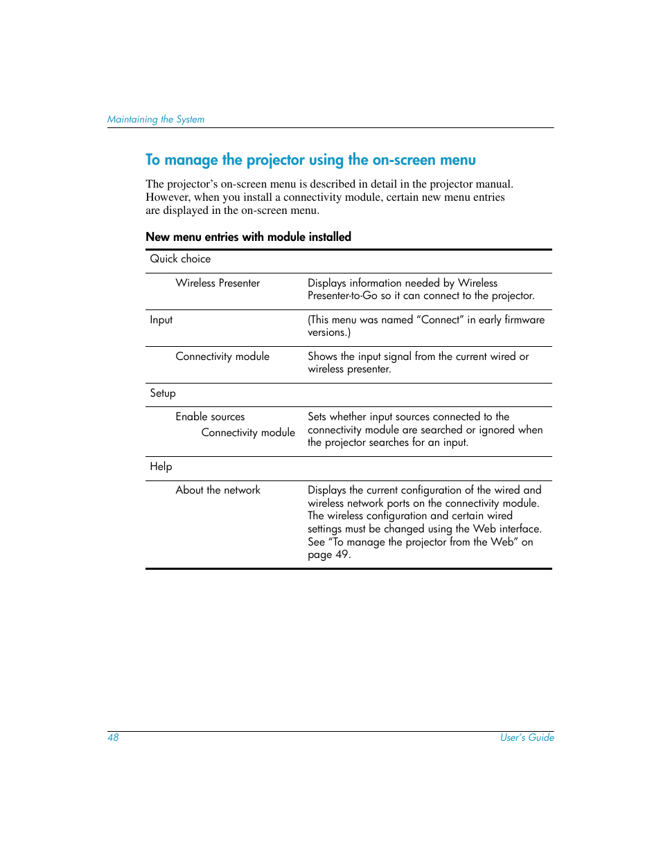 To manage the projector using the on-screen menu | HP L1581A User Manual | Page 48 / 72
