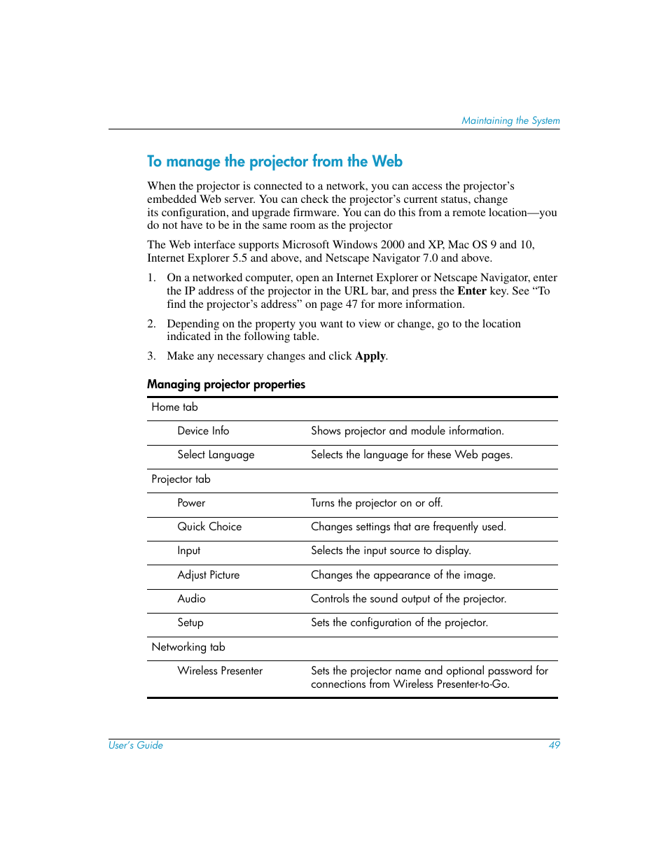 To manage the projector from the web | HP L1581A User Manual | Page 49 / 72