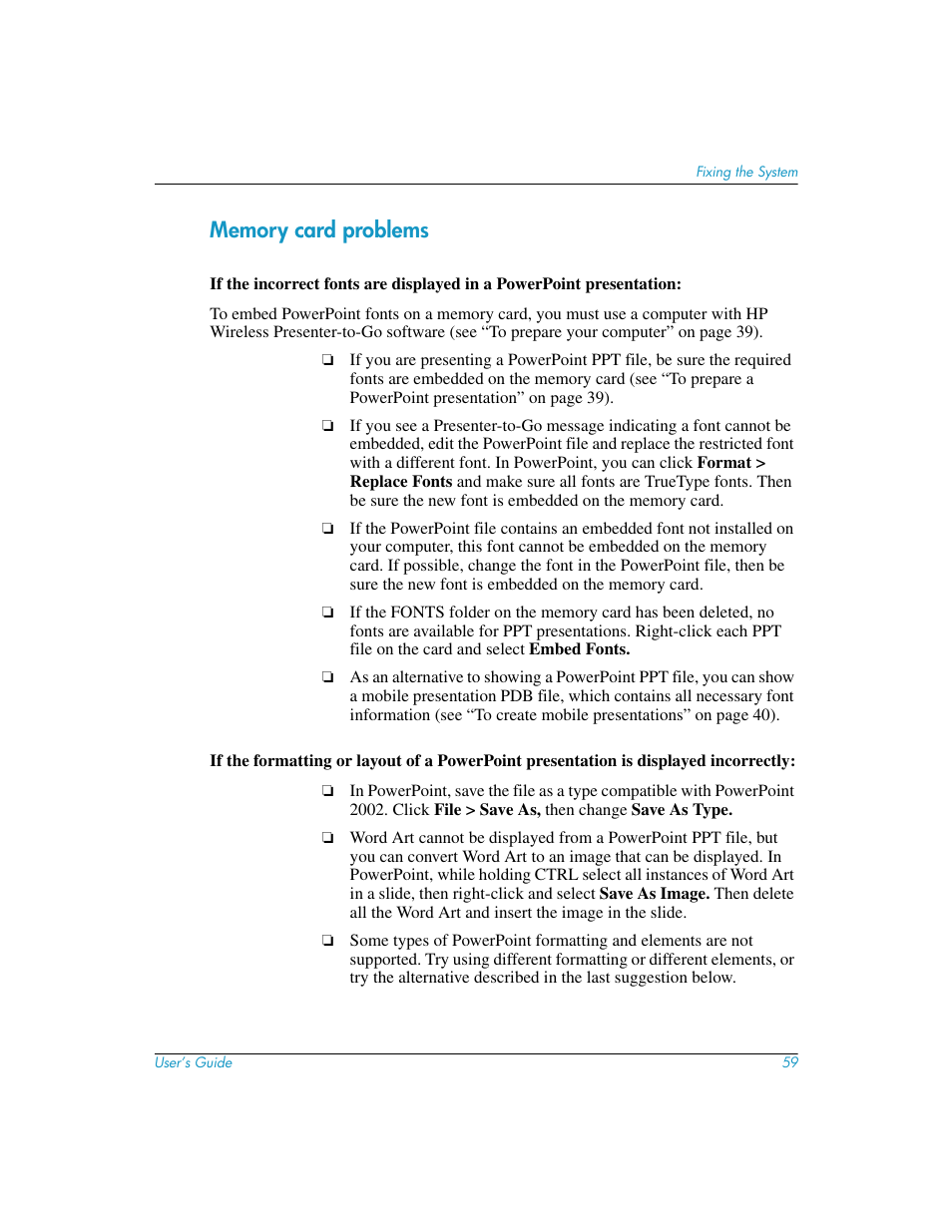 Memory card problems | HP L1581A User Manual | Page 59 / 72