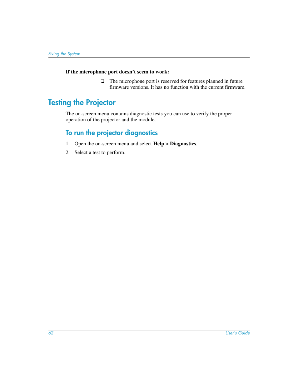 Testing the projector, To run the projector diagnostics | HP L1581A User Manual | Page 62 / 72