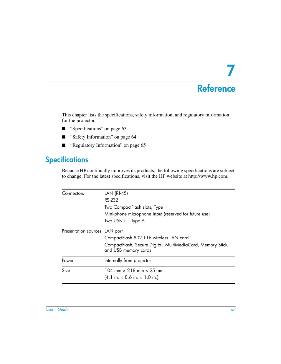 Reference, Specifications, 7 reference | HP L1581A User Manual | Page 63 / 72