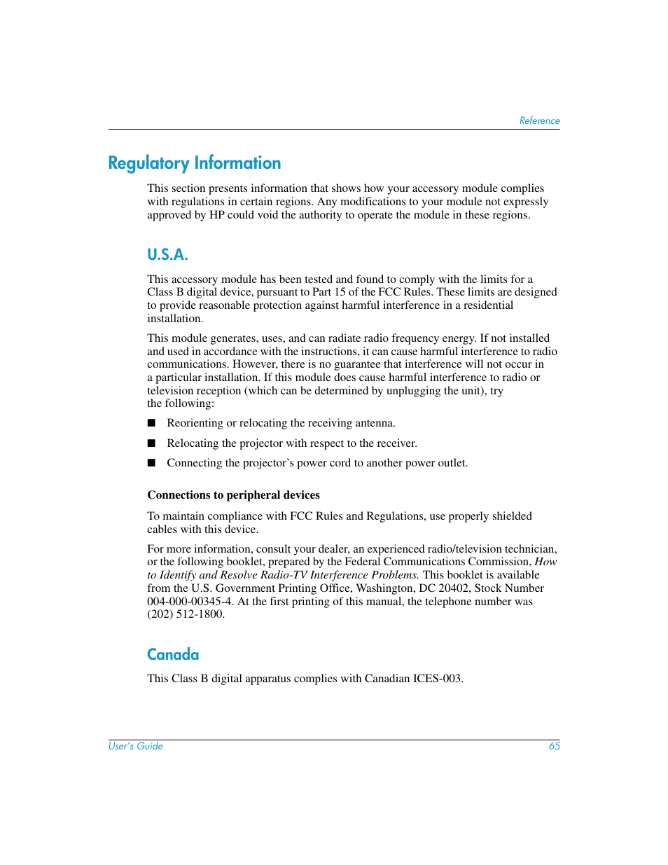 Regulatory information, U.s.a, Canada | U.s.a canada | HP L1581A User Manual | Page 65 / 72