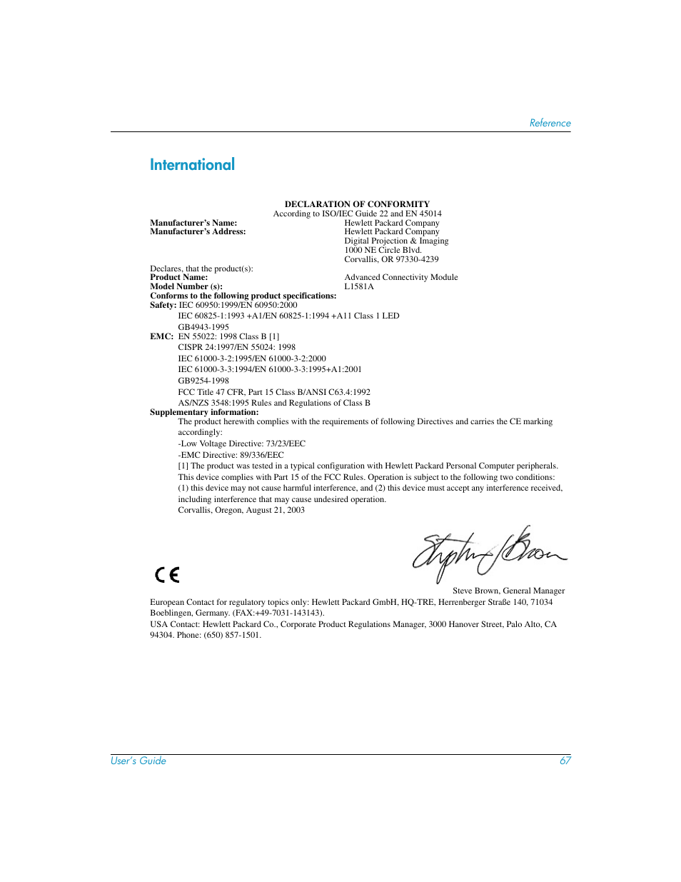 International | HP L1581A User Manual | Page 67 / 72