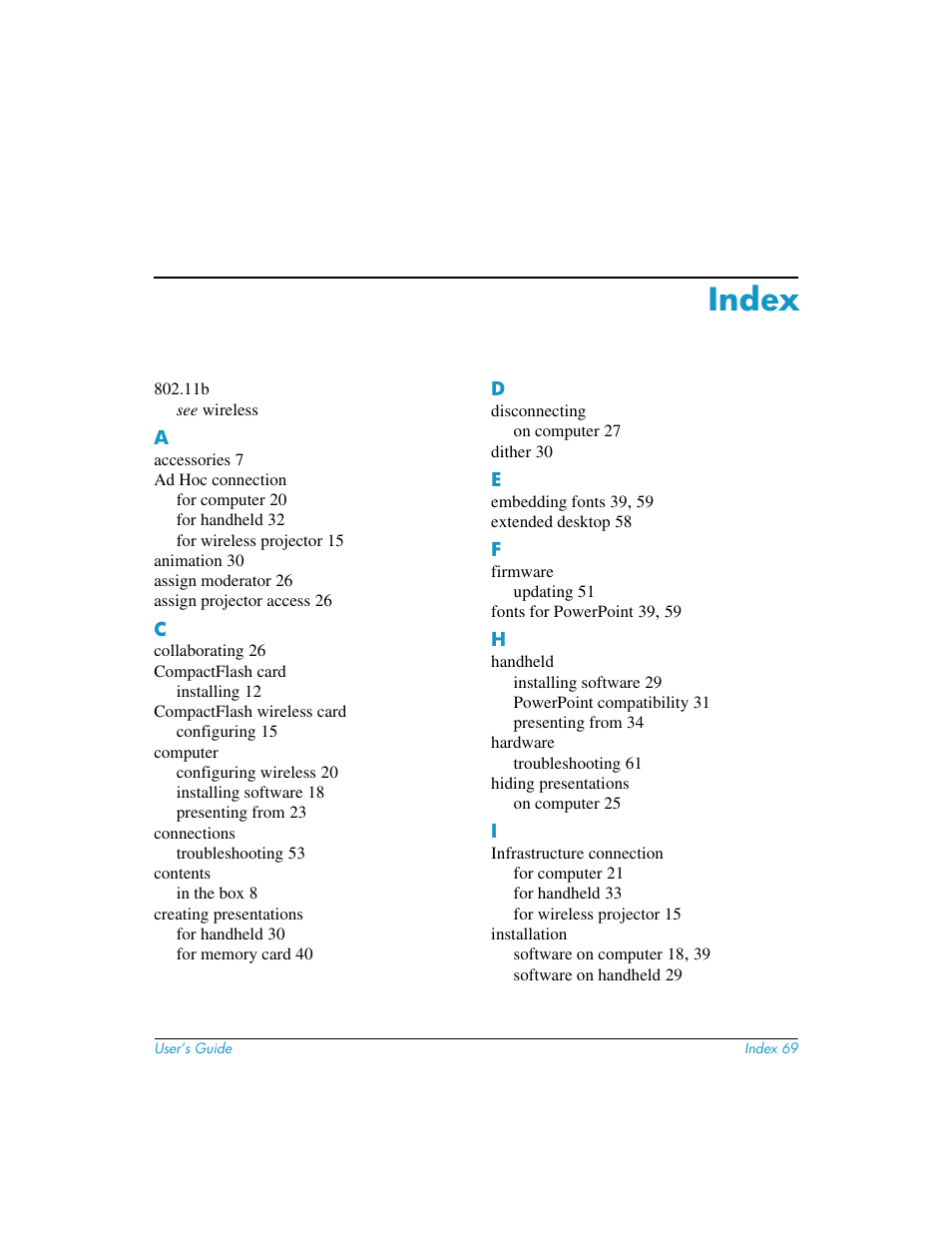 Index | HP L1581A User Manual | Page 69 / 72