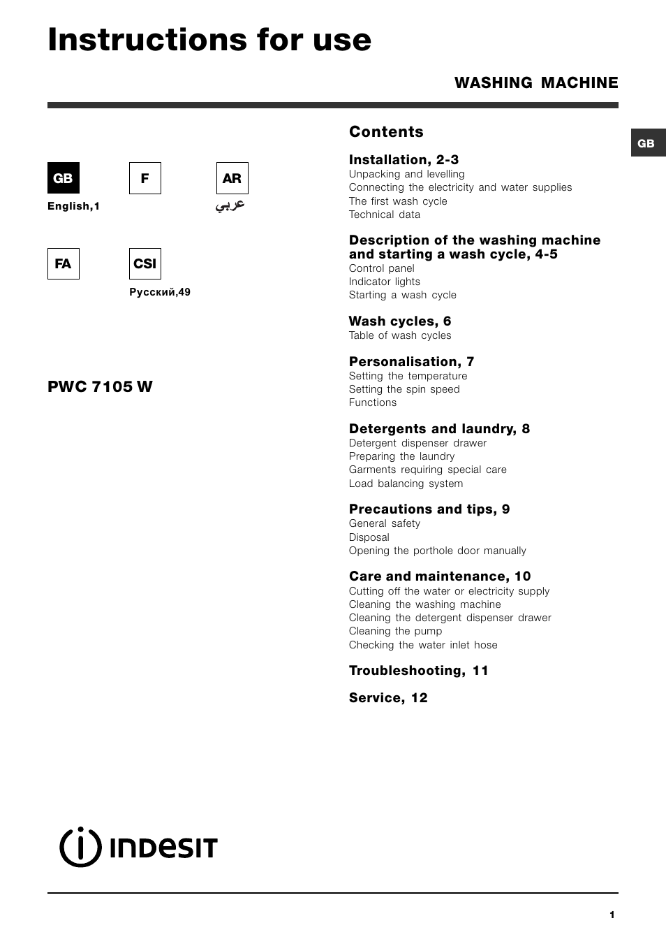 Indesit PWC 7105W User Manual | 60 pages