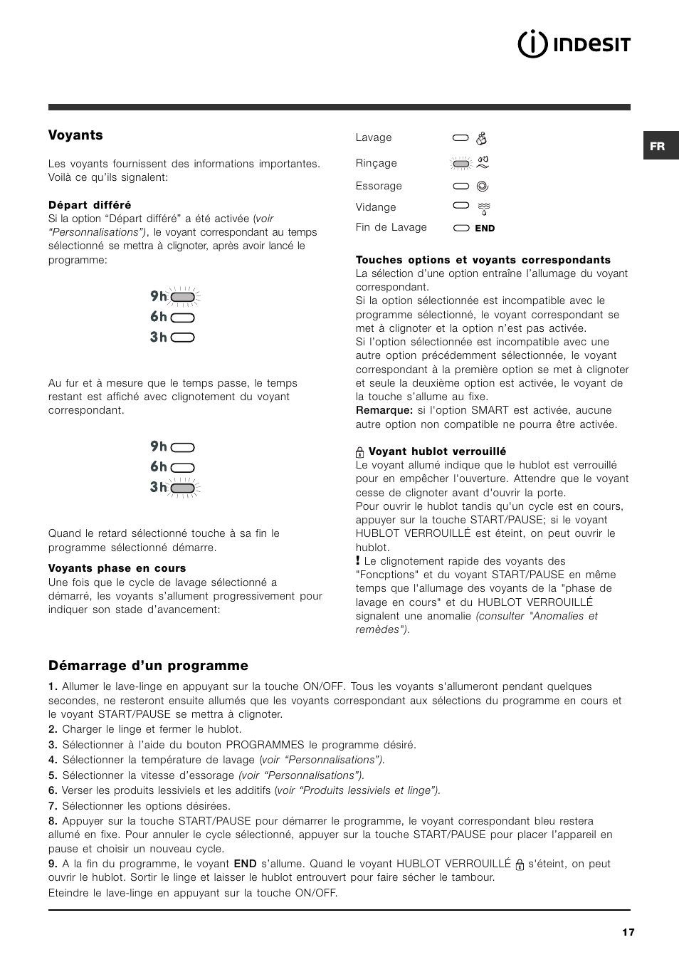 Voyants, Démarrage dun programme | Indesit PWC 7105W User Manual | Page 17 / 60