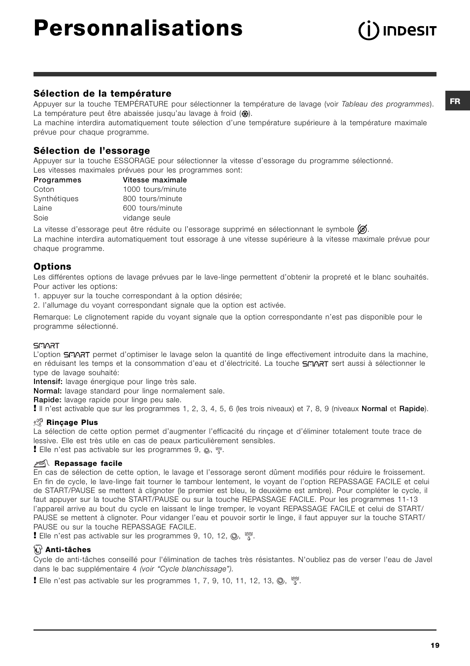 Personnalisations | Indesit PWC 7105W User Manual | Page 19 / 60