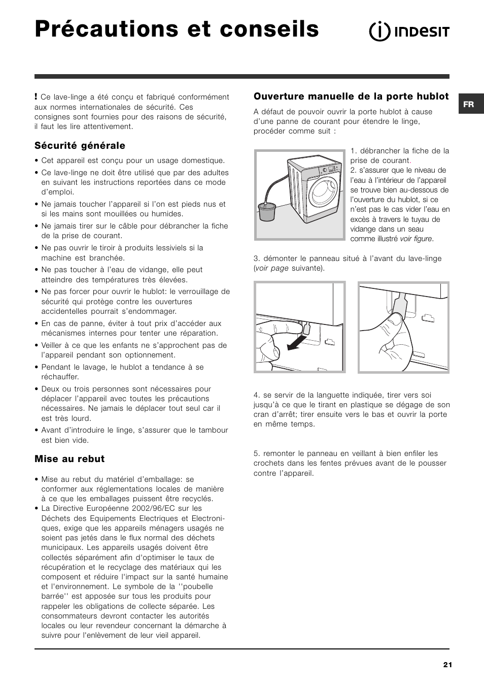 Précautions et conseils | Indesit PWC 7105W User Manual | Page 21 / 60