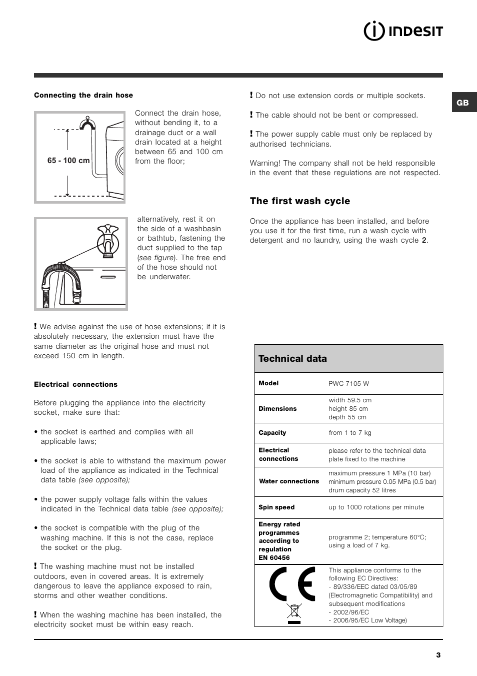 The first wash cycle, Technical data | Indesit PWC 7105W User Manual | Page 3 / 60