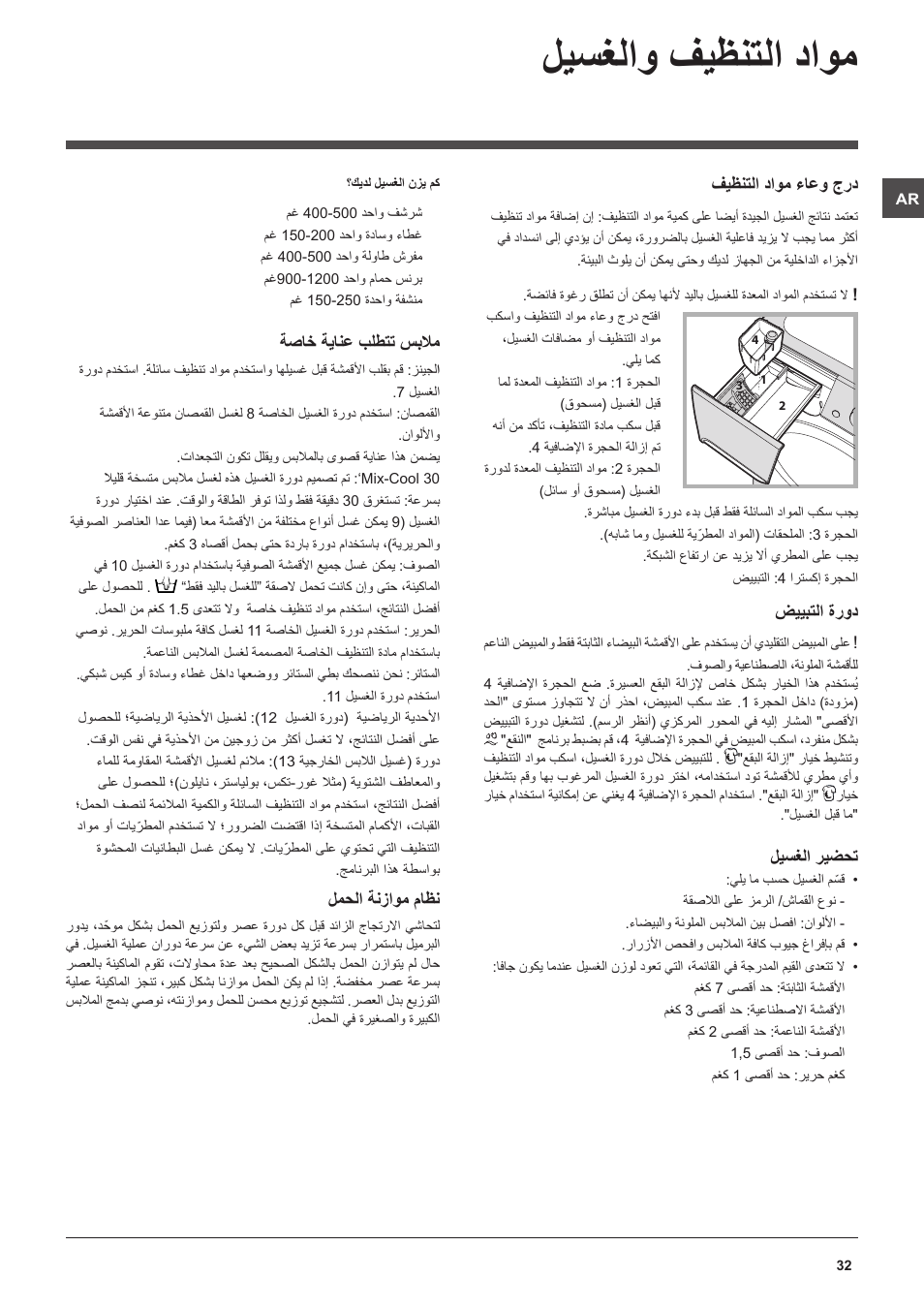 ليسغلاو فيظنتلا داوم, فيظنتلا داوم ءاعو جرد, ضييبتلا ةرود | ليسغلا ريضحت, ةصاخ ةيانع بلطتت سبلام, لمحلا ةنزاوم ماظن | Indesit PWC 7105W User Manual | Page 32 / 60