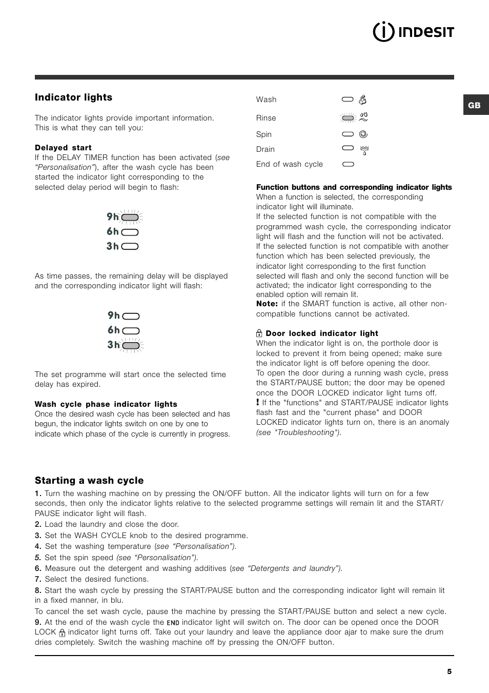 Indicator lights, Starting a wash cycle | Indesit PWC 7105W User Manual | Page 5 / 60