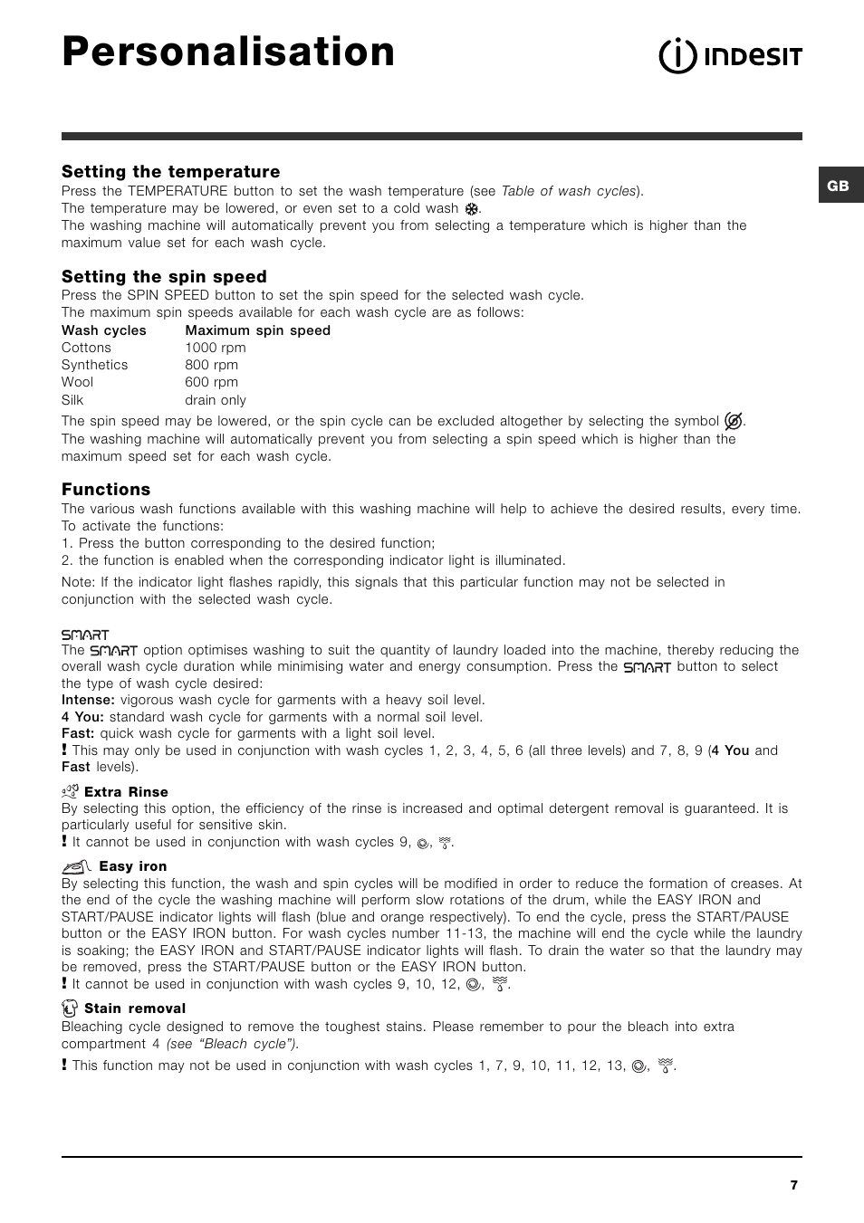 Personalisation | Indesit PWC 7105W User Manual | Page 7 / 60