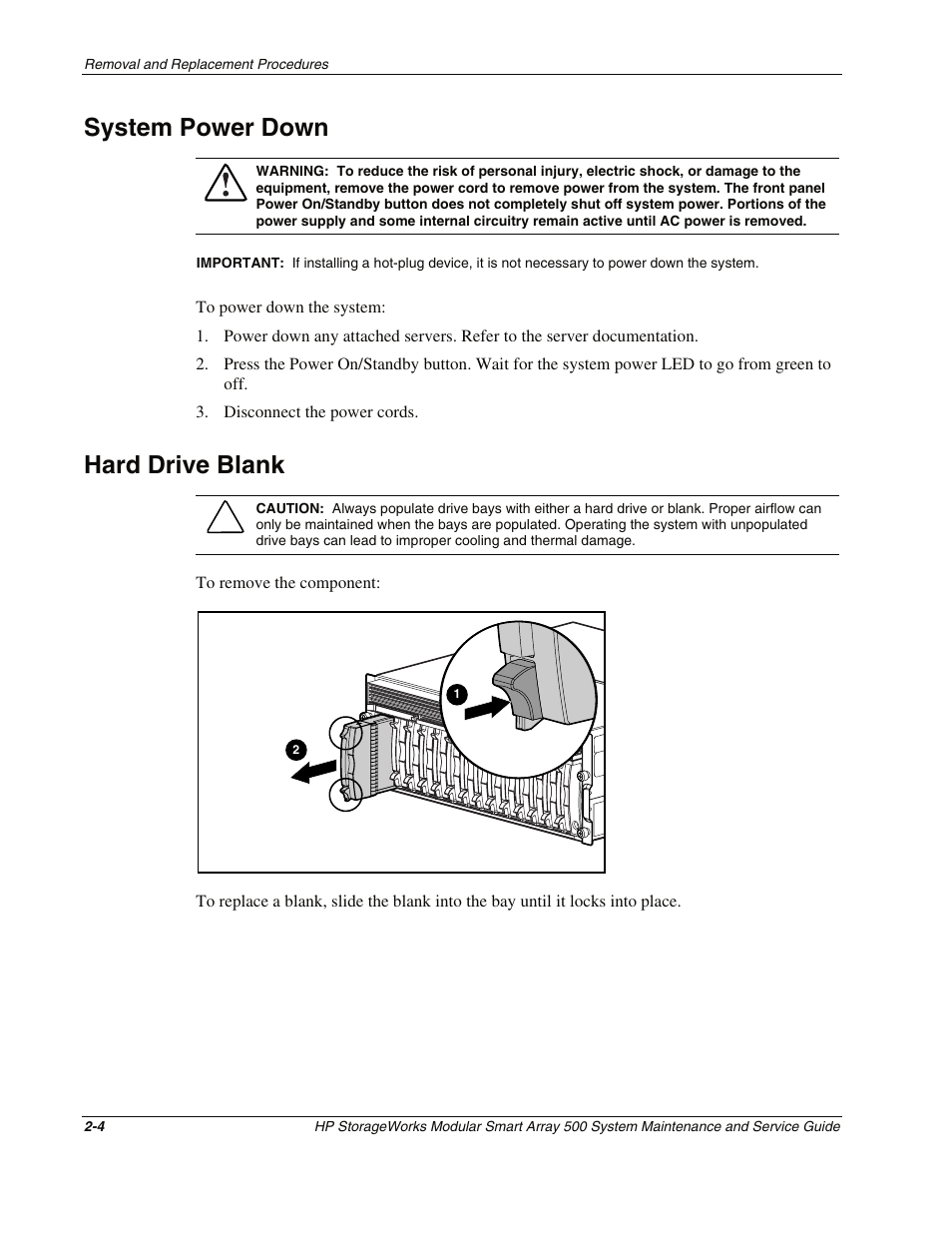 System power down, Hard drive blank, System power down -4 | Hard drive blank -4 | HP StorageWorks Modular Smart Array 500 System User Manual | Page 12 / 46