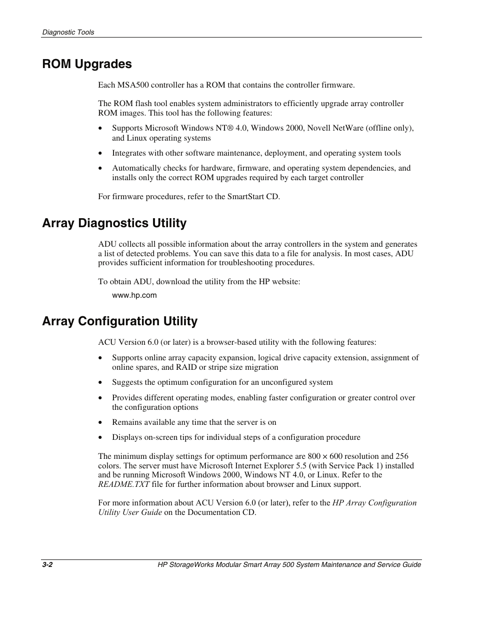 Rom upgrades, Array diagnostics utility, Array configuration utility | Rom upgrades -2, Array diagnostics utility -2, Array configuration utility -2 | HP StorageWorks Modular Smart Array 500 System User Manual | Page 27 / 46