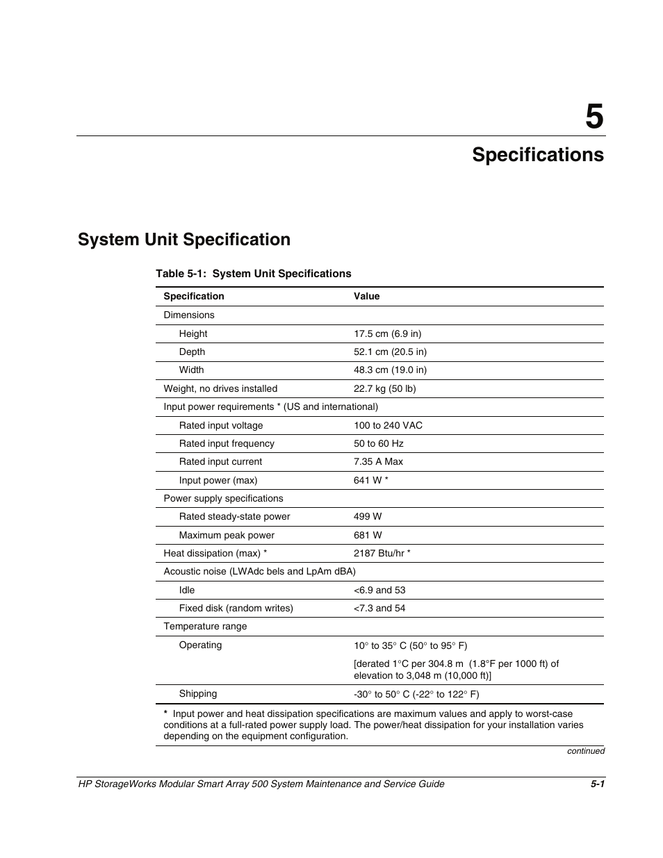 Chapter 5: specifications, System unit specification, Chapter 5 | Specifications, System unit specification -1 | HP StorageWorks Modular Smart Array 500 System User Manual | Page 41 / 46