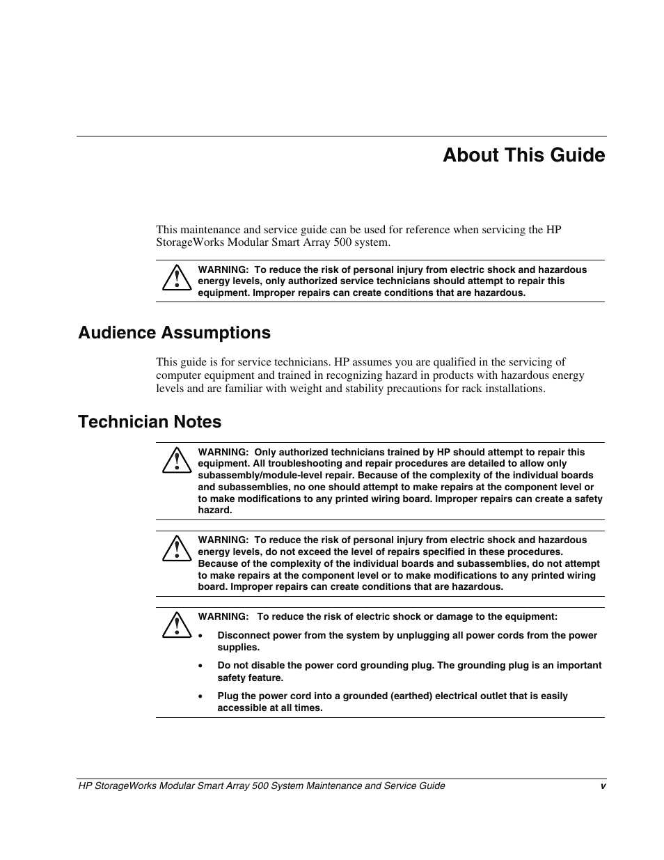 About this guide, Audience assumptions, Technician notes | HP StorageWorks Modular Smart Array 500 System User Manual | Page 5 / 46