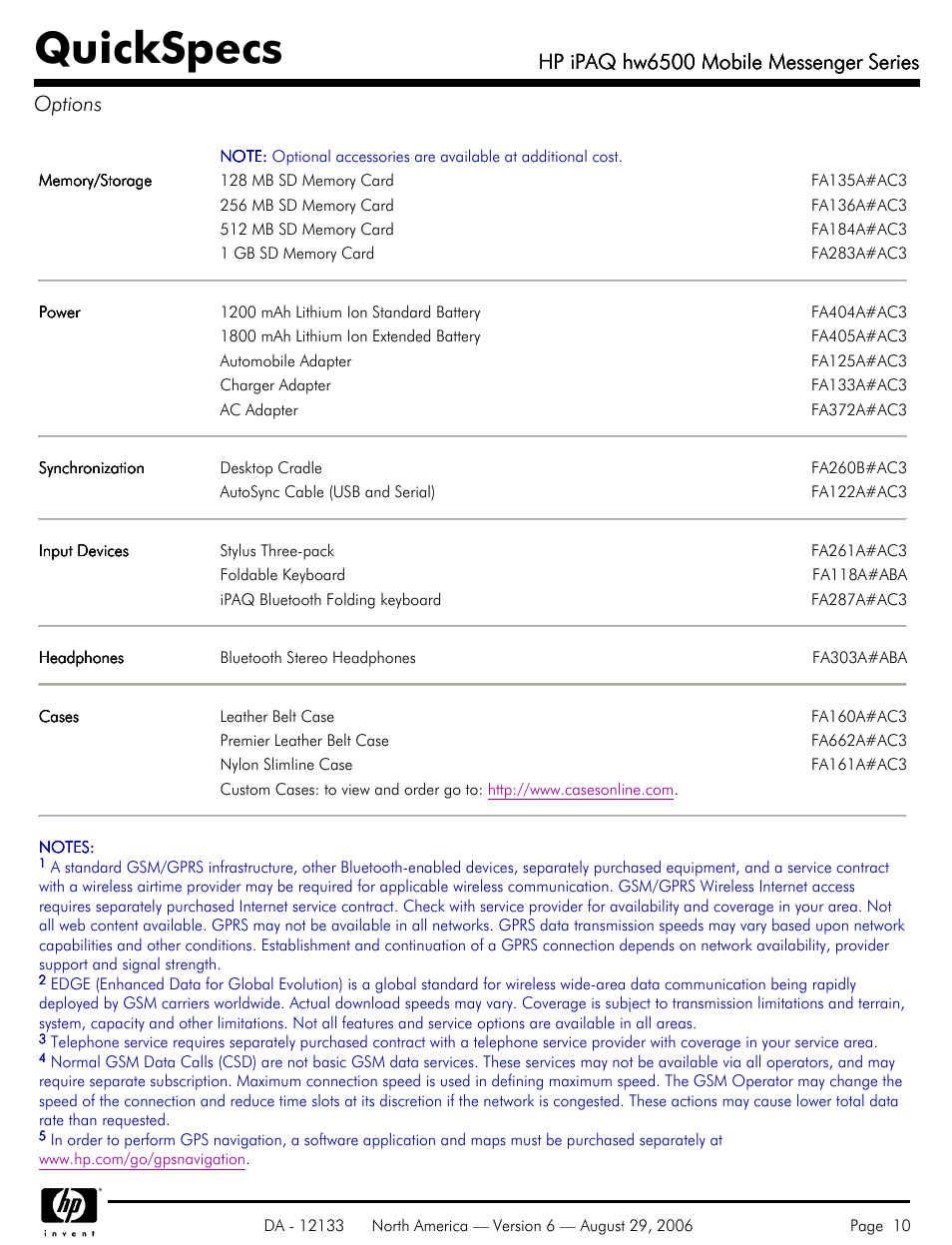 Options, Quickspecs, Hp ipaq hw6500 mobile messenger series | Hp ipaq hw6500 mobile messenger series options | HP HW6500 User Manual | Page 10 / 11