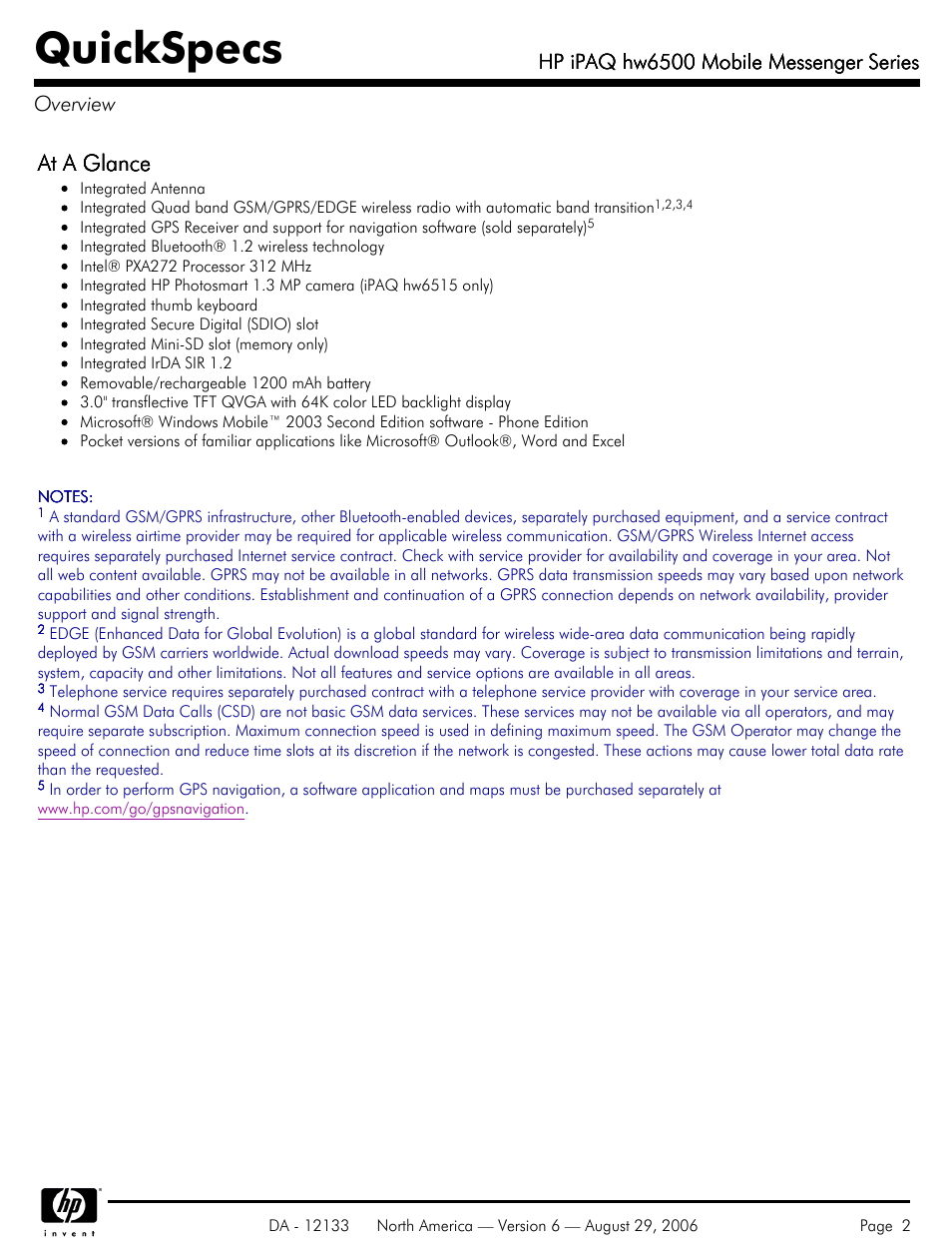 Quickspecs, At a glance, Hp ipaq hw6500 mobile messenger series | Hp ipaq hw6500 mobile messenger series overview | HP HW6500 User Manual | Page 2 / 11