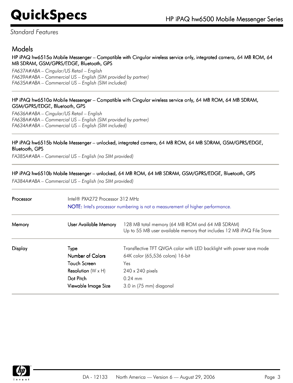 Standard features, Quickspecs, Models | Hp ipaq hw6500 mobile messenger series | HP HW6500 User Manual | Page 3 / 11