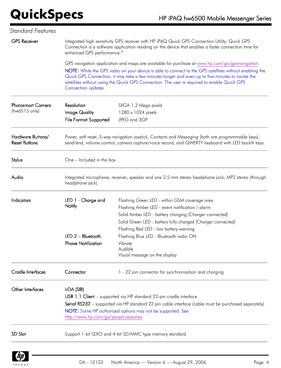 Quickspecs, Hp ipaq hw6500 mobile messenger series | HP HW6500 User Manual | Page 4 / 11
