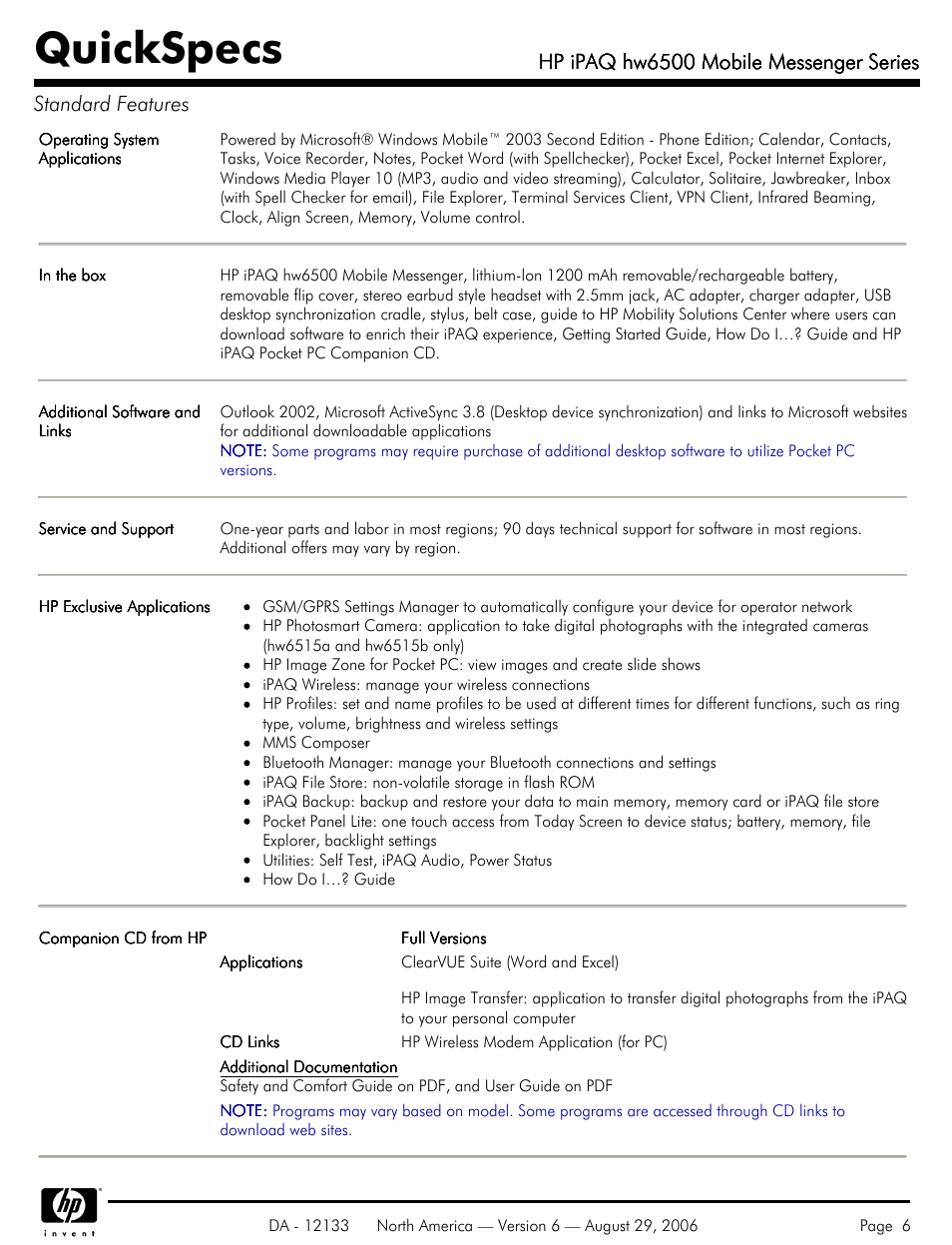 Quickspecs, Hp ipaq hw6500 mobile messenger series | HP HW6500 User Manual | Page 6 / 11