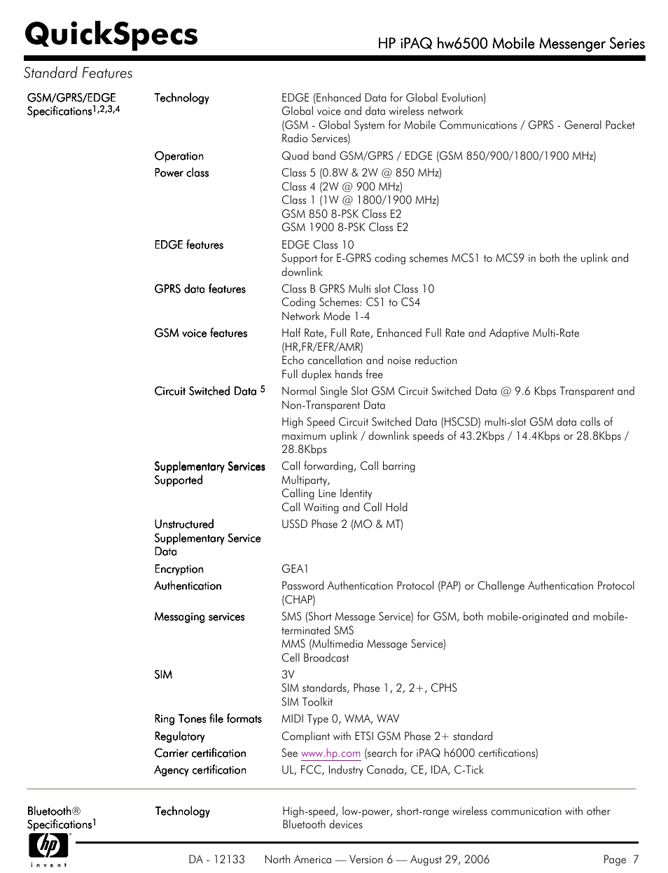 Quickspecs, Hp ipaq hw6500 mobile messenger series | HP HW6500 User Manual | Page 7 / 11