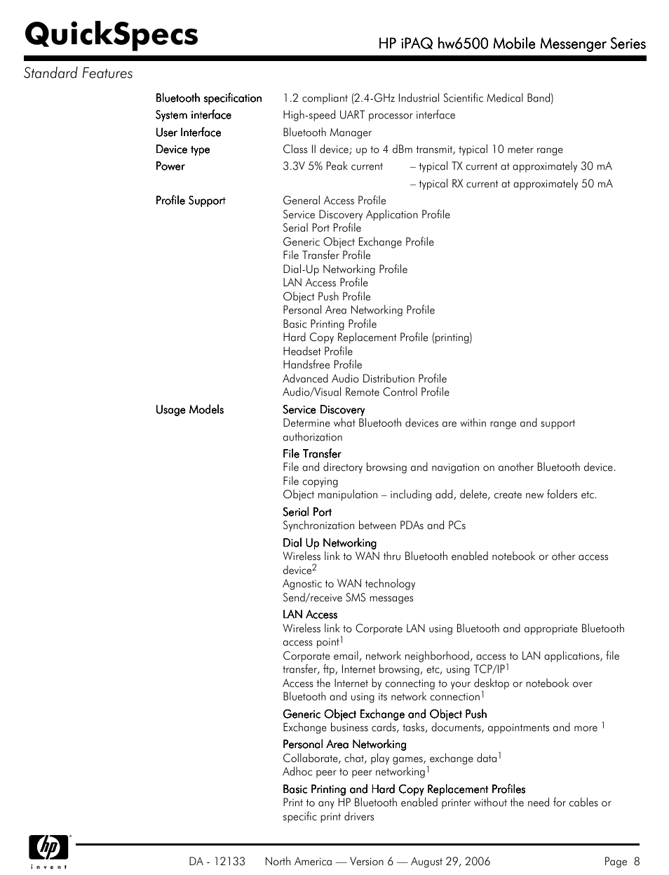 Quickspecs, Hp ipaq hw6500 mobile messenger series | HP HW6500 User Manual | Page 8 / 11